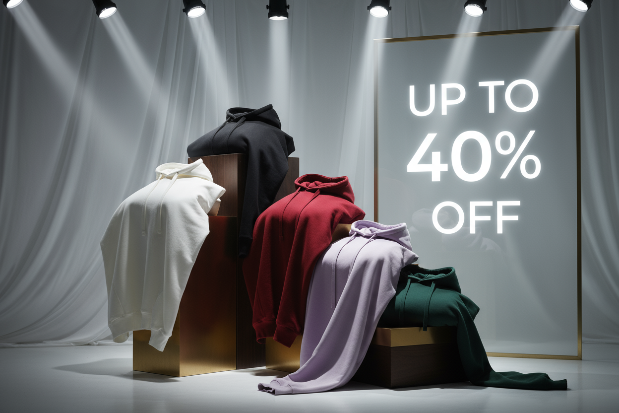 generate a imgae for selling luxury ovrsized hoddies with color white, black, mehroon, lavender, olive green with upto 40% off